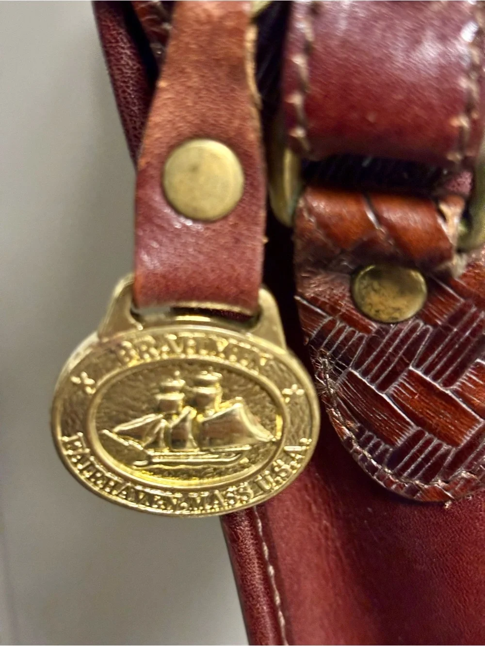 Vintage Brahmin Crossbody Bag featuring rich brown leather with woven details - Picture 2 of 14